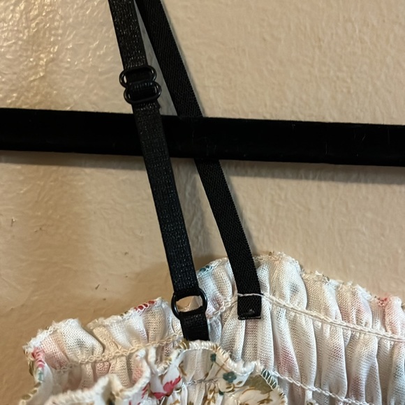 White Pink Floral Print Convertible Spaghetti Strap Shirring Ruffle Design XS-S - Picture 7 of 9